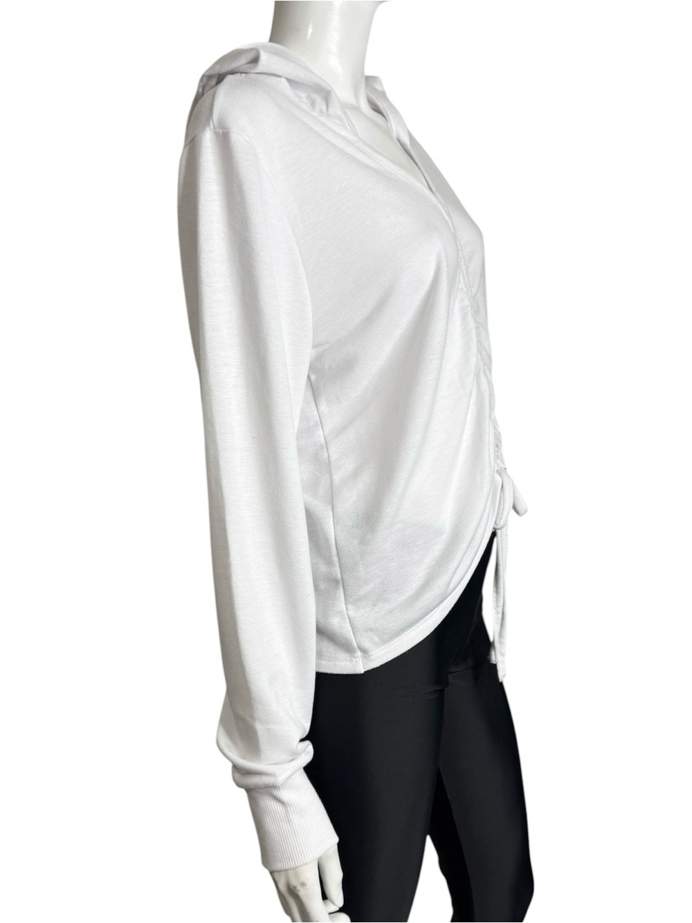 White Ruched Drawstring Hoodie Top - Picture 3 of 6